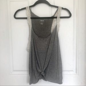 grey tank top with white lace straps